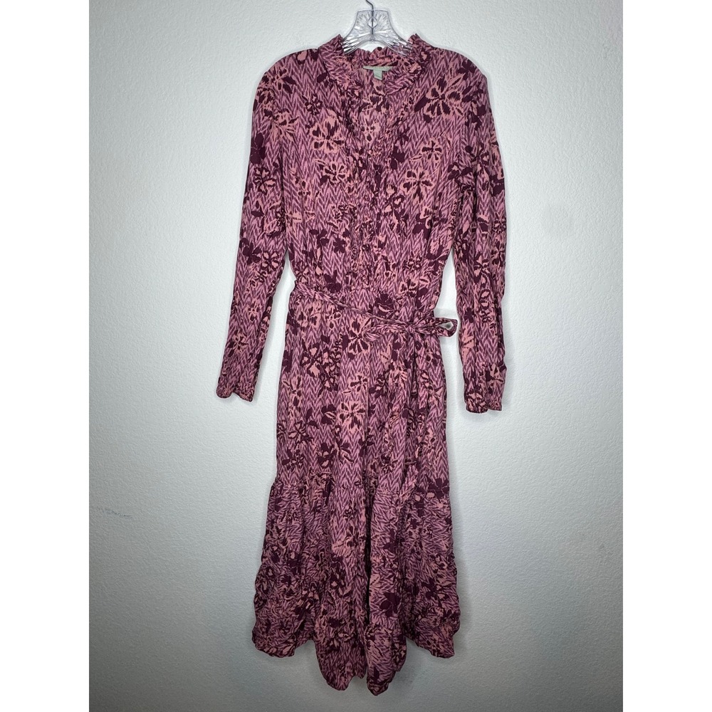 Ryegrass Pink Burgundy Ikat Floral Cotton Midi Dress Long Sleeve XL Pockets‎